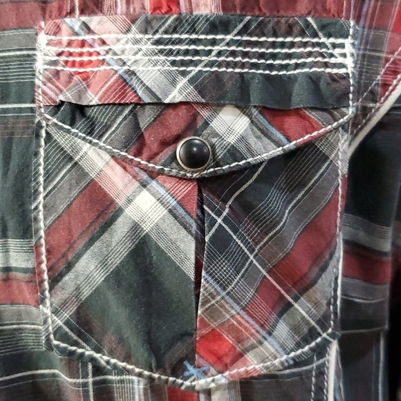 Bke athletic fit red black plaid pearl snap western style shirt - Picture 4 of 7